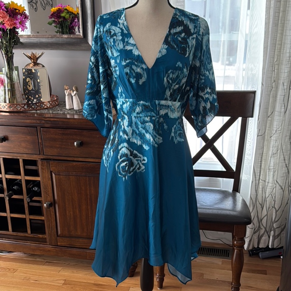 WHBM Blue Asymmetrical Dress with Flutter Sleeves